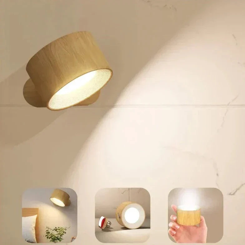 Iluminación flexible con lámpara LED spotlight, inalámbrica, regulable y rotativa para pared.