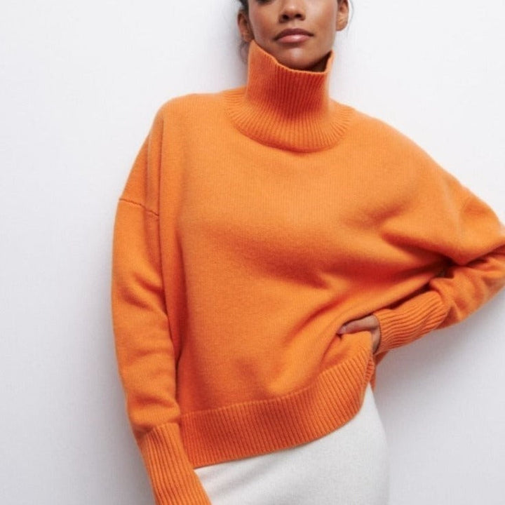 Pullover de cuello cisne para mujer, cómodo y básico, perfecto para looks casuales o elegantes. Moda de invierno.
