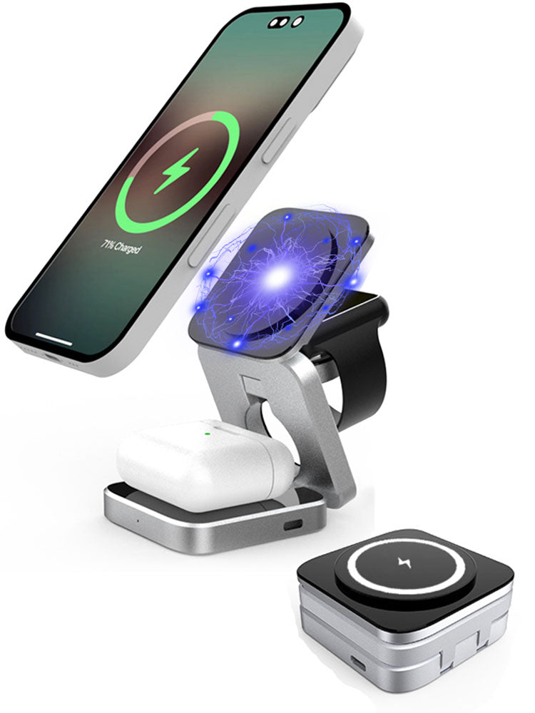 Cargador inalámbrico magnético plegable 3 en 1, carga rápida 30W para iPhone, Apple Watch y AirPods.