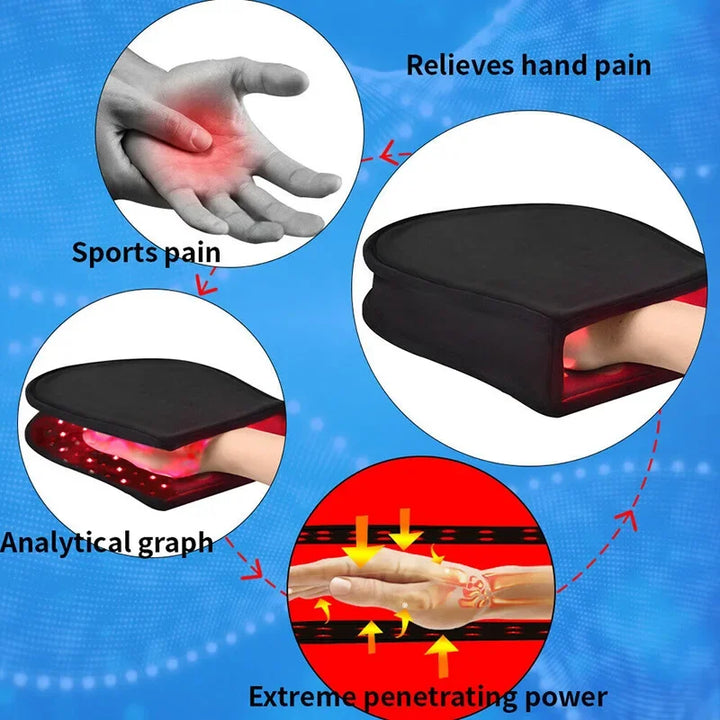 Guante de terapia de luz roja para aliviar el dolor en las manos.
