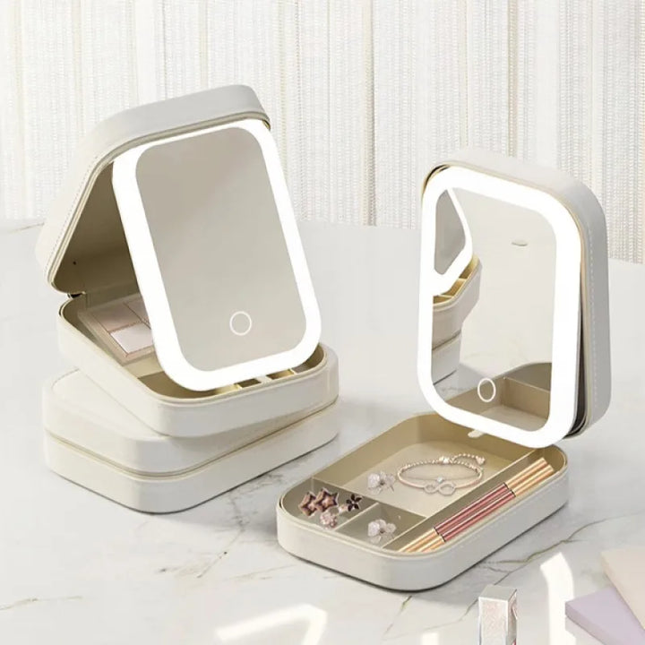 Neceser de maquillaje LED elegante. Estuche portátil con espejo y organizador para cosméticos femeninos.
