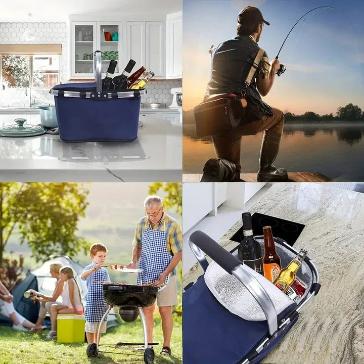 Nevera portátil plegable de tela Oxford. Cesta térmica con asa para mantener alimentos y bebidas frías en picnic.