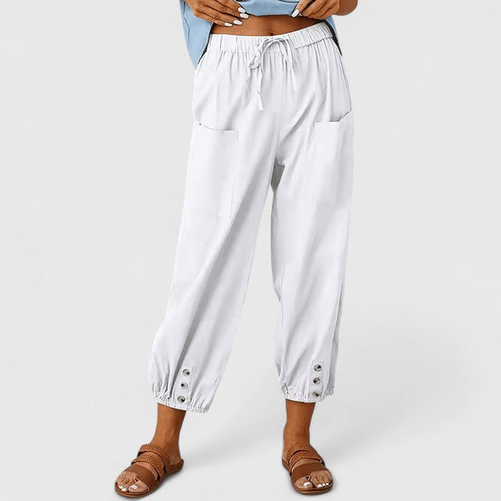 Pantalón casual ancho de cintura alta, mujer, en algodón y lino cómodo.