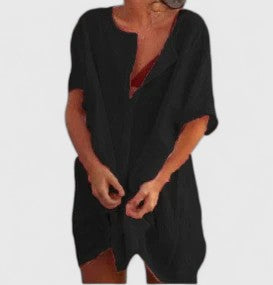 Vestido de mujer cómodo y elegante, túnica de corte suelto con escote V. Moda de verano.