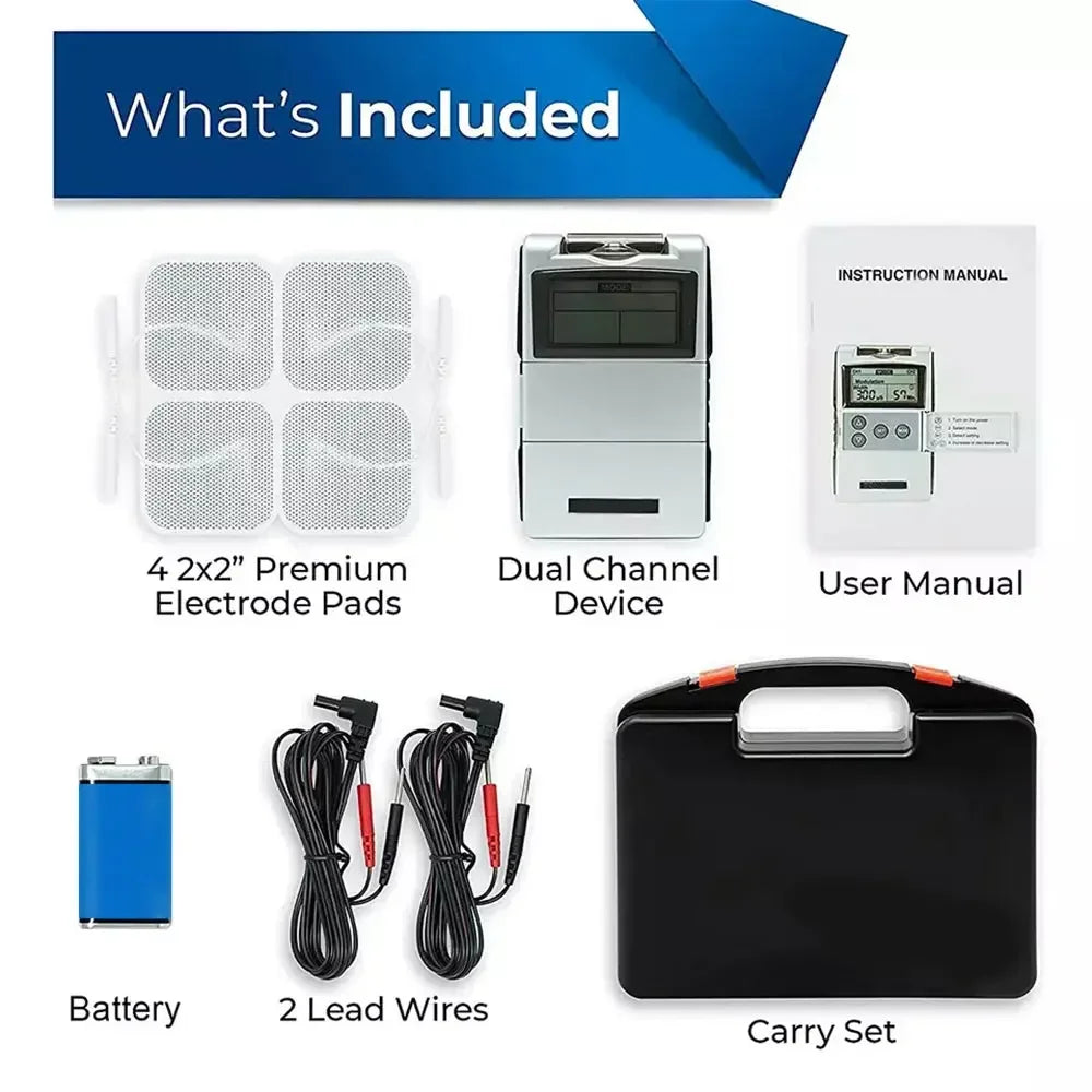 Electroestimulador muscular unisex TENS & EMS, kit completo con 4 electrodos para masaje profundo.