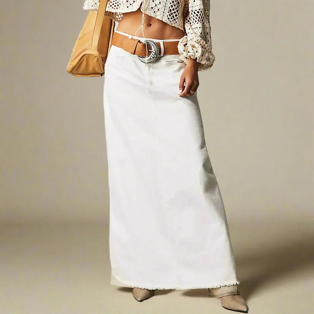 Falda larga de mezclilla para mujer, silueta A. Denim cintura alta, ideal para primavera-verano.