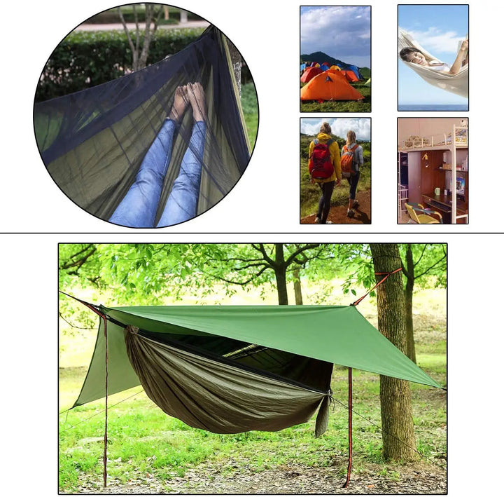 Hamaca de camping portátil con mosquitera. Ideal para senderismo, aventura y un descanso seguro en la naturaleza.
