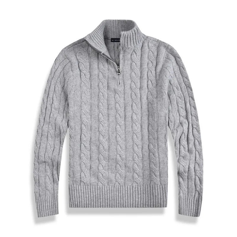 Jersey cálido de hombre con cremallera y diseño trenzado en punto, esencial para el invierno.