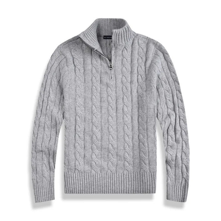 Jersey cálido de hombre con cremallera y diseño trenzado en punto, esencial para el invierno.