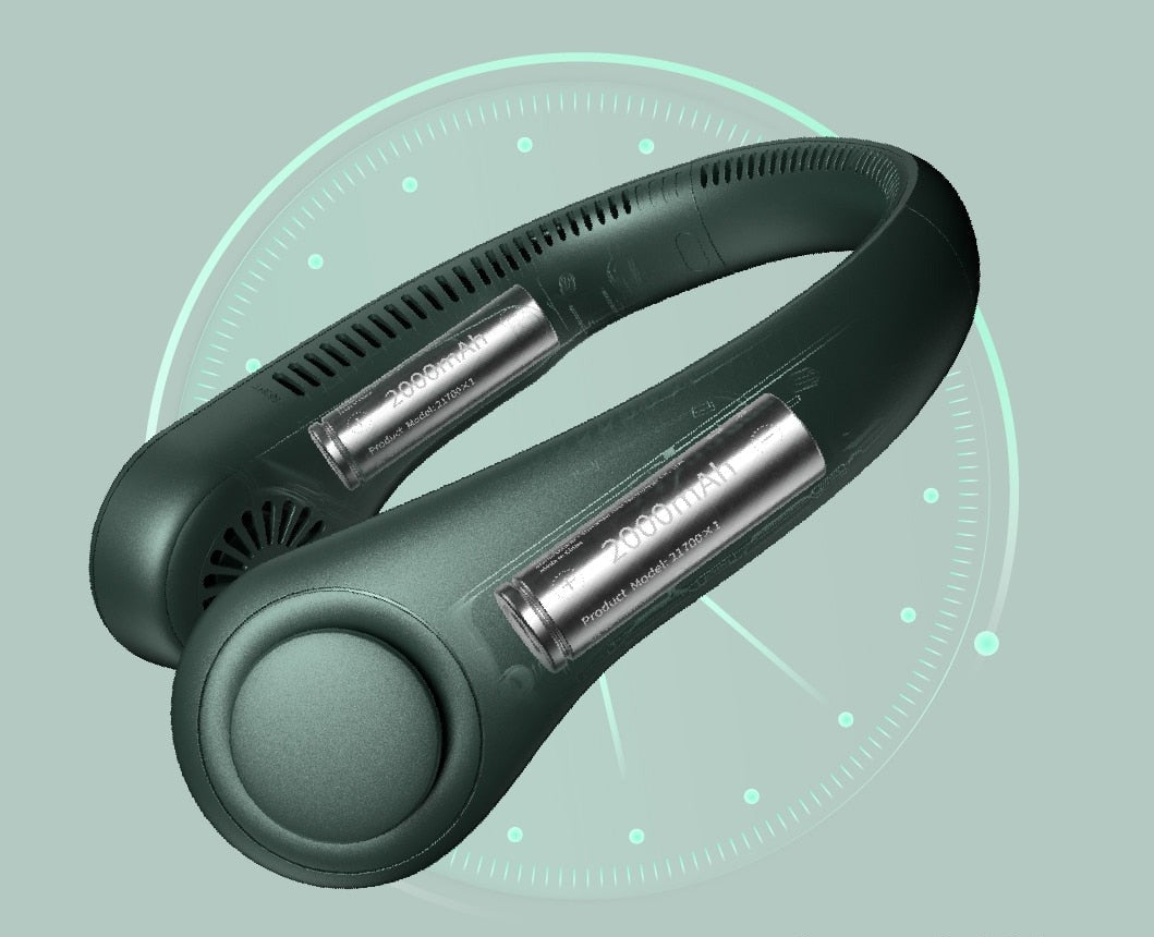 Ventilador de cuello sin aspas, 360°, portátil, USB recargable. Disfruta de frescura manos libres todo el verano.