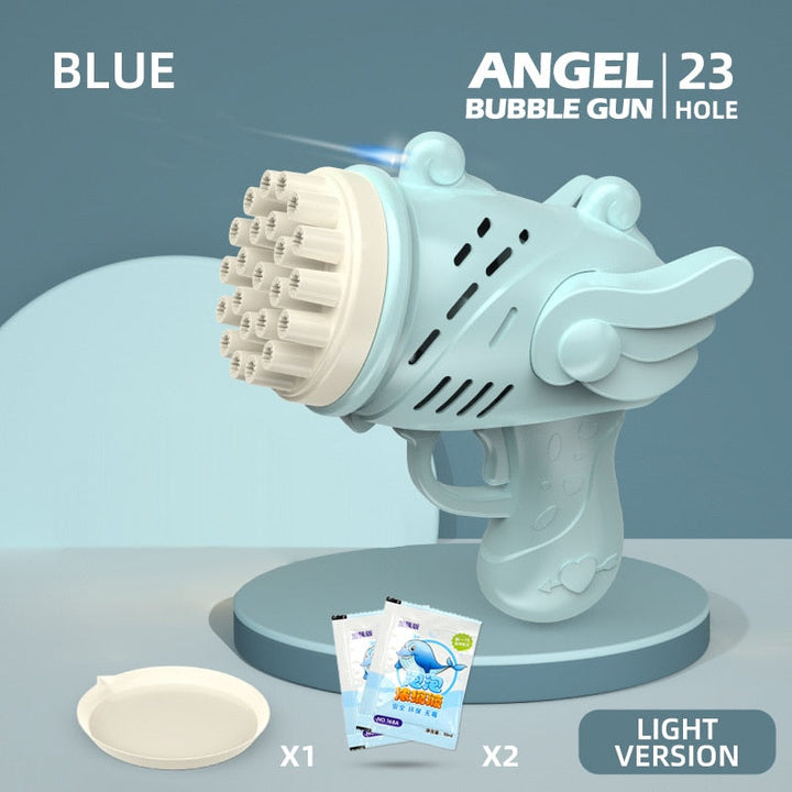 Máquina de burbujas automática llenando el jardín de verano con cientos de burbujas LED, perfecta para jugar exterior.