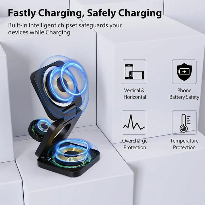 Cargador inalámbrico magnético 3 en 1 plegado. Diseño compacto, ideal para llevar y cargar.
