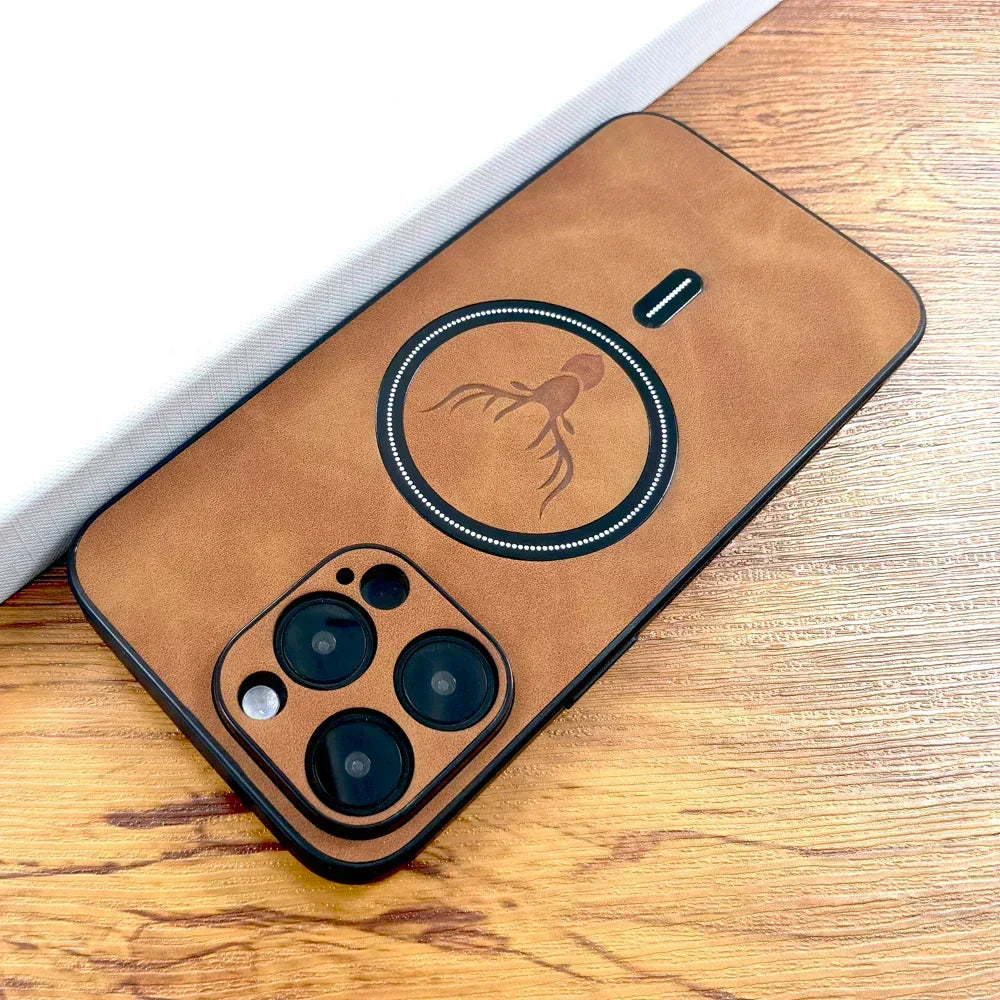 Protector de móvil minimalista con diseño de ciervo. Funda de cuero sintético, MagSafe y alta resistencia.