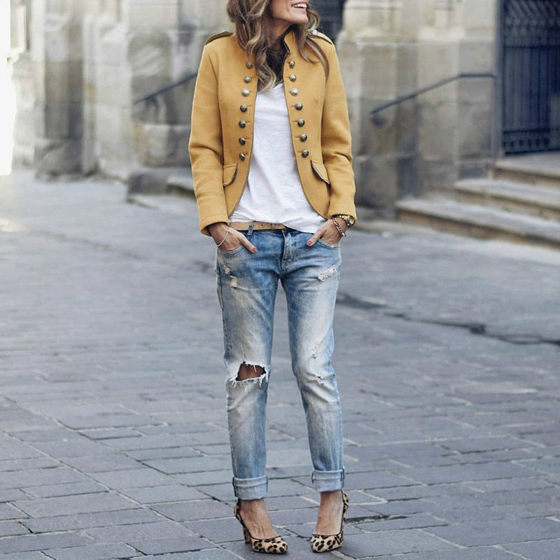 Blazer elegante de manga larga para mujer, perfecto para oficina o estilo casual chic.