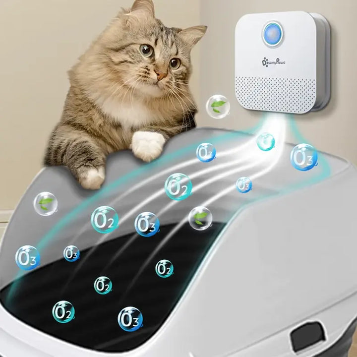 Neutralizador de olores automático para areneros de gatos, purifica el aire de forma inteligente en el hogar.