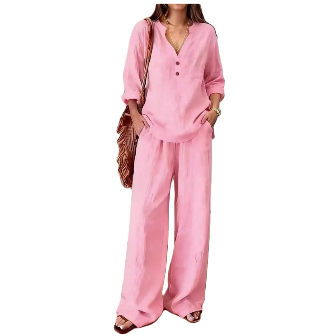 Conjunto de mujer de lino y algodón. Blusa y pantalón casual, transpirable y ligero, ideal para el verano.