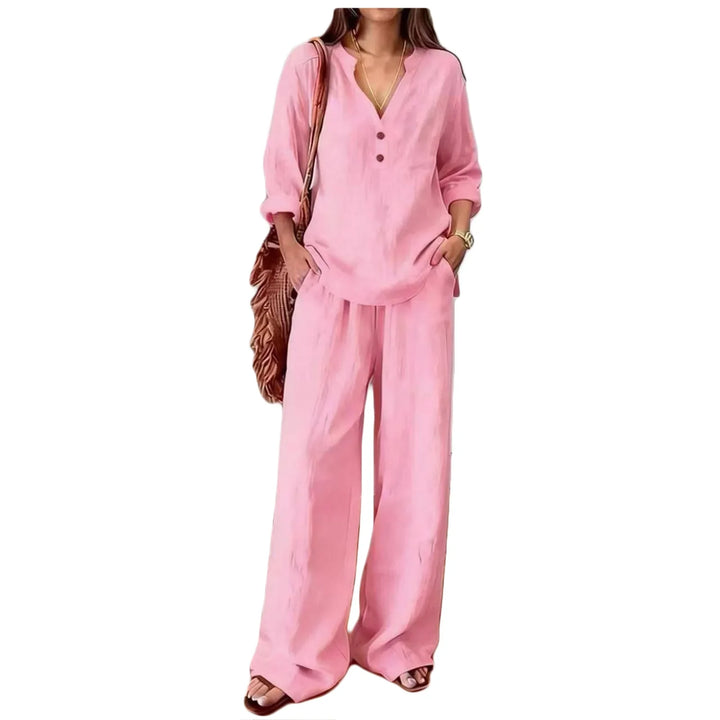 Conjunto de mujer de lino y algodón. Blusa y pantalón casual, transpirable y ligero, ideal para el verano.