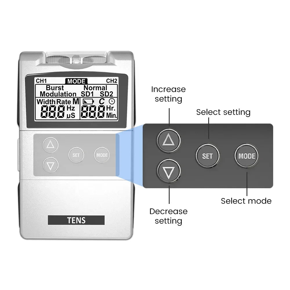 Electroestimulador TENS EMS para terapia física, masaje y alivio del dolor muscular eficaz.