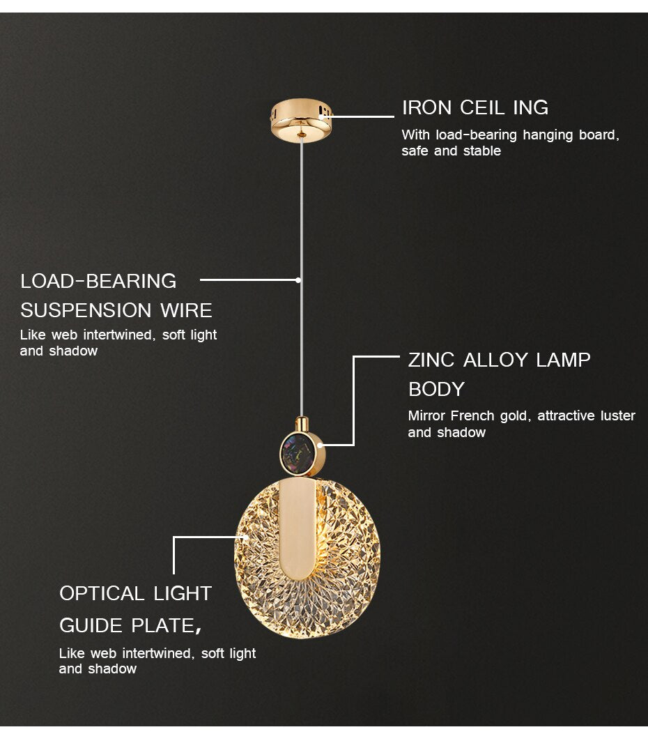 Lámpara de techo LED dorada con detalles de cristal, estilo redondo y moderno.