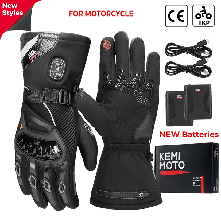 Guantes calefactables negros, diseñados para moto, impermeables y duraderos.