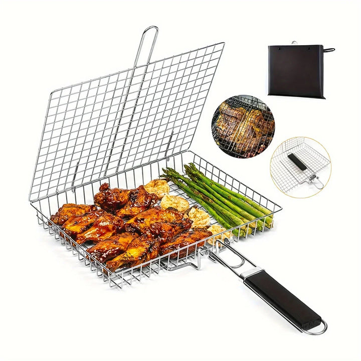 Canasta BBQ antiadherente para asar fácilmente filetes, pollo y costillas en parrillas de carbón o gas.