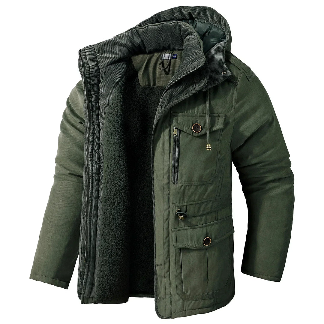 Abrigo de invierno acolchado para hombre, diseño moderno con capucha. Ropa masculina cálida y robusta para el frío.