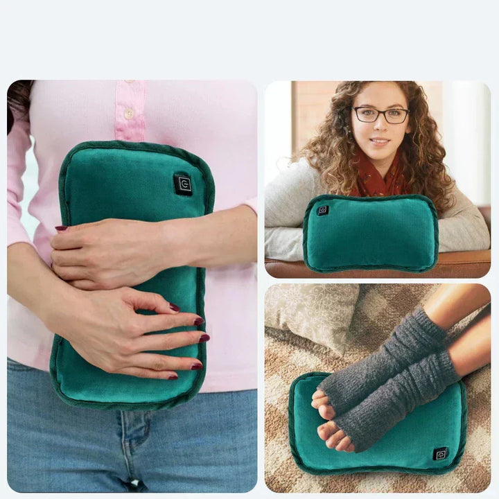 Almohadilla térmica recargable USB en gris claro/verde, ofrece confort y alivio rápido del dolor.