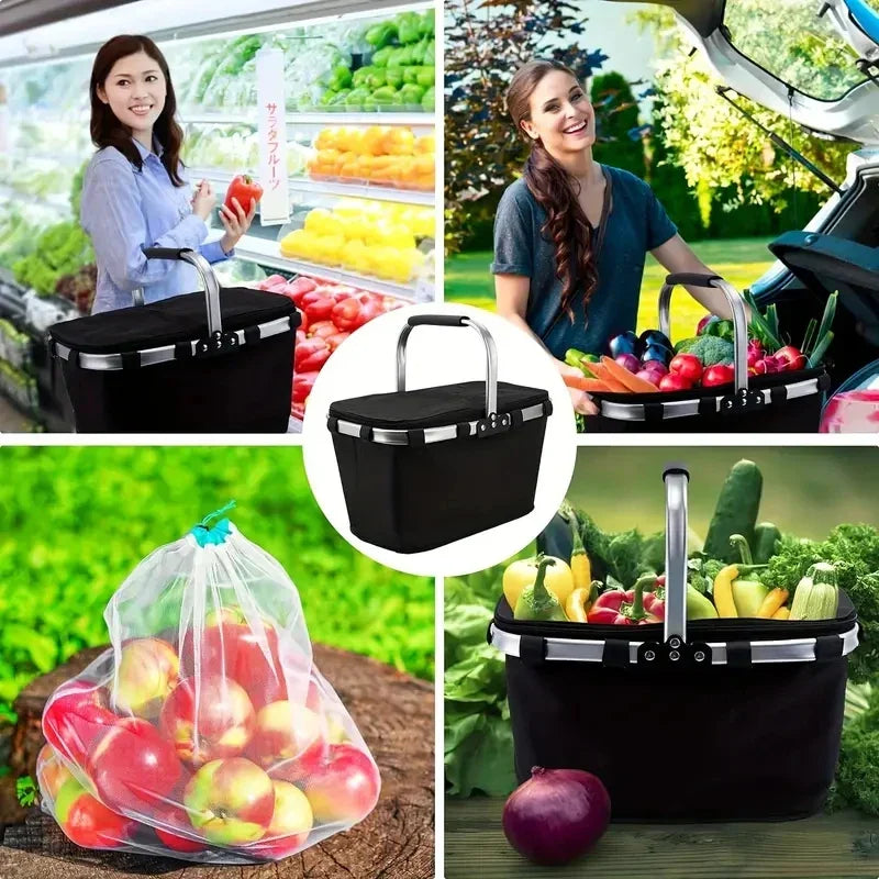Cesta de picnic aislada para excursiones, viajes y compras. Plegable, portátil y térmica para alimentos y bebidas.