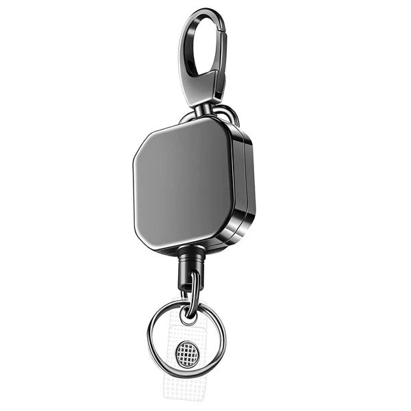 Llavero retráctil de metal resistente con cable de acero para llaves y tarjetas de identificación, ideal para seguridad.