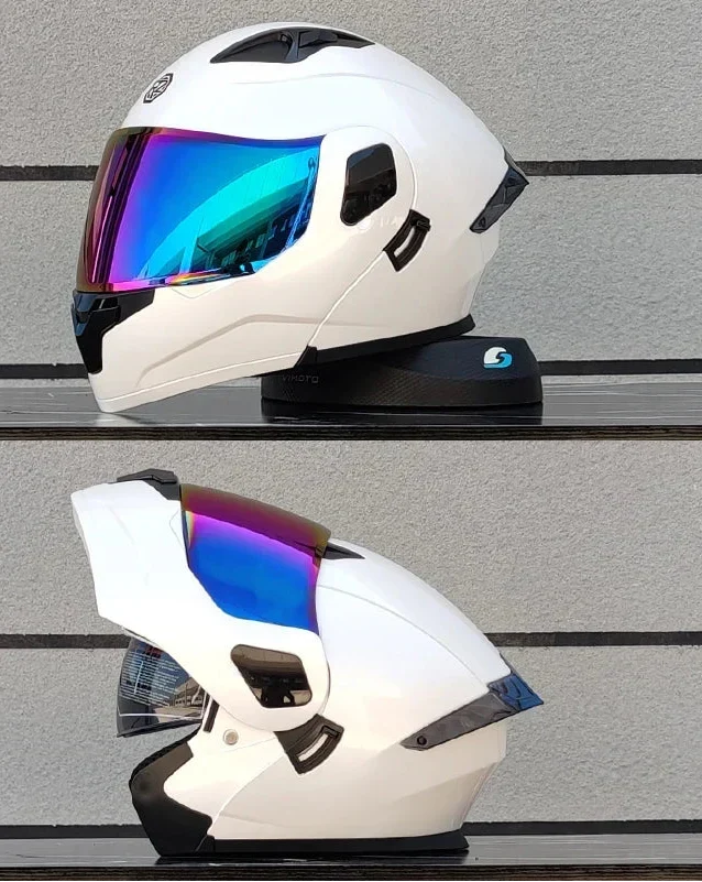 Interior de casco de moto modular mostrando almohadillas extraíbles y doble visera.