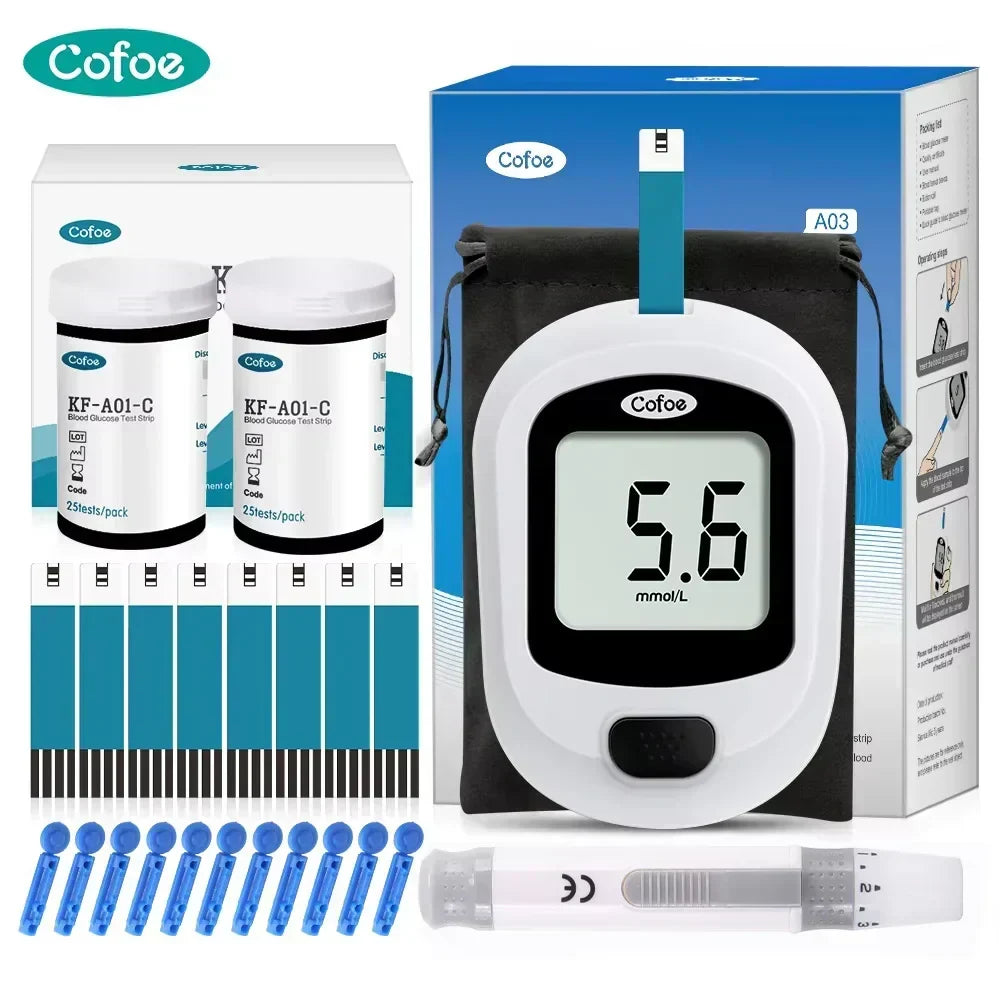 Kit completo de monitoreo de glucosa en sangre. Medidor de azúcar, tiras reactivas y lancetas para diabetes.