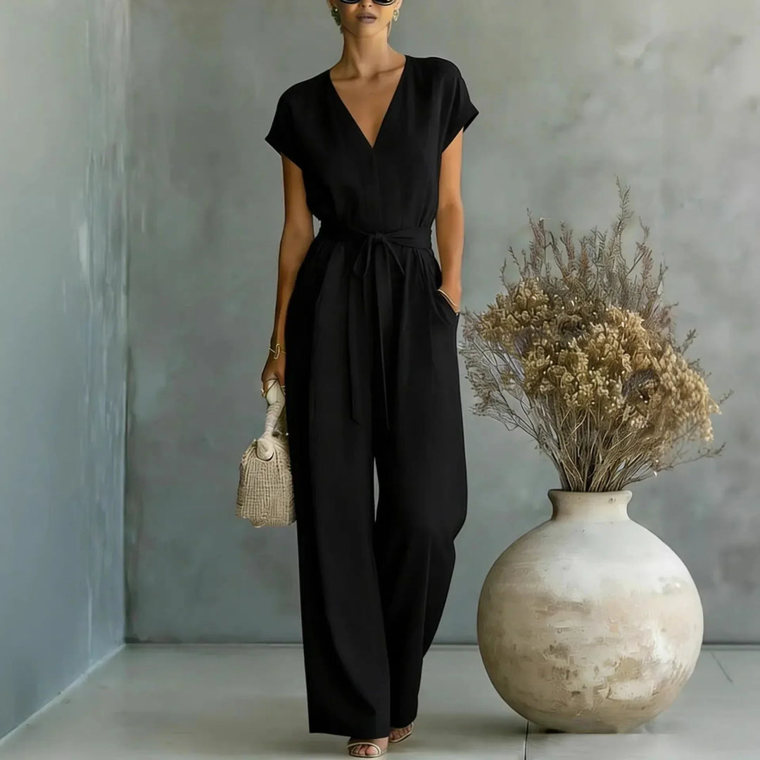 Mono de mujer con diseño moderno, escote V y pantalón ancho fluido. Estilo elegante y casual para toda ocasión.