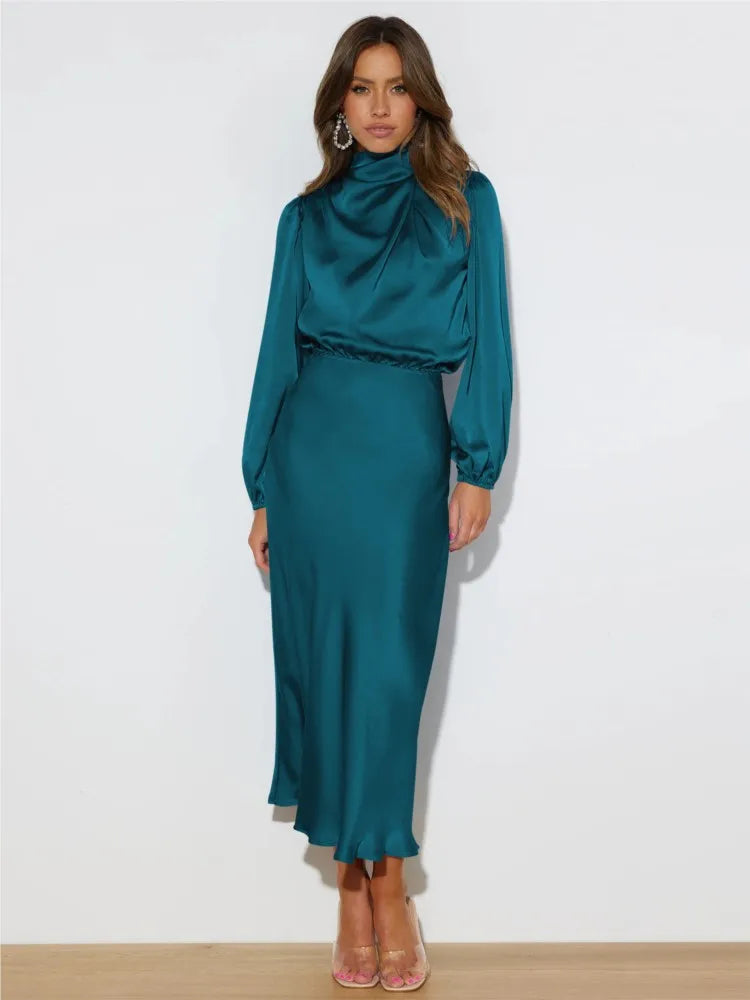 Elegante vestido midi de fiesta para mujer, con diseño de cuello alto y manga larga.