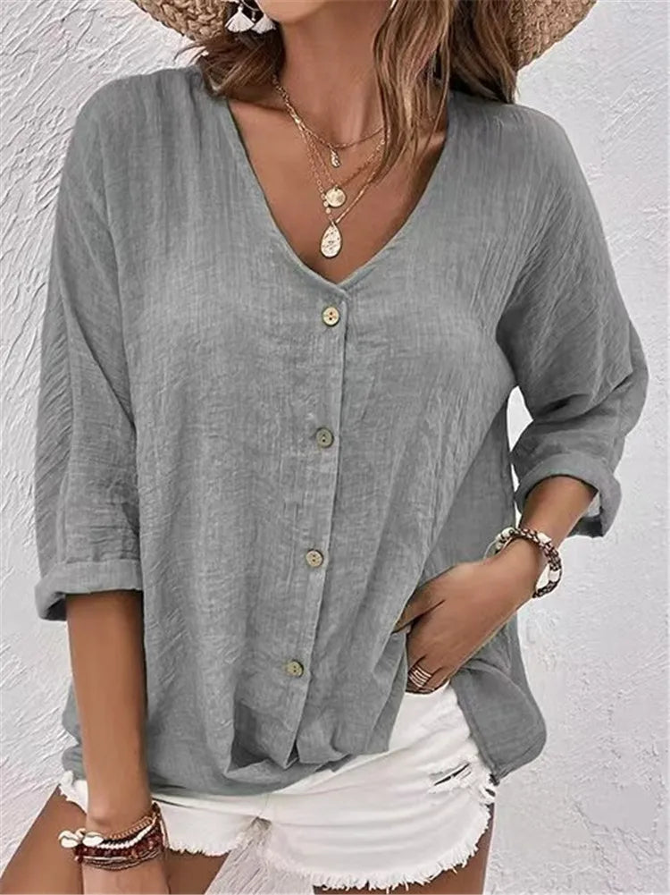 Blusa de verano para mujer, estilo casual elegante con botones. Manga 3/4, ropa fresca y versátil.