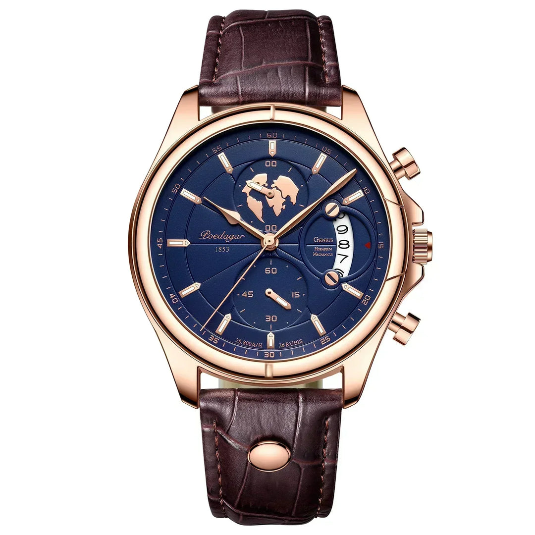 Reloj cronógrafo casual para hombre con correa de cuero. Accesorio de moda elegante y resistente al agua.
