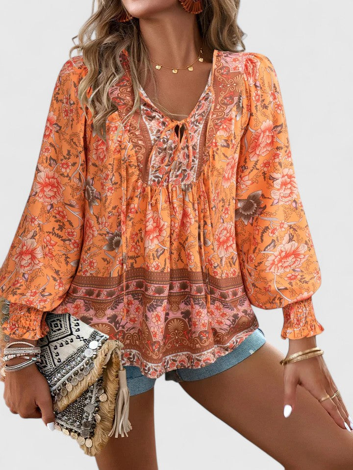 Blusa cómoda de manga larga para mujer, estilo bohemio floral, ropa femenina casual veraniega.