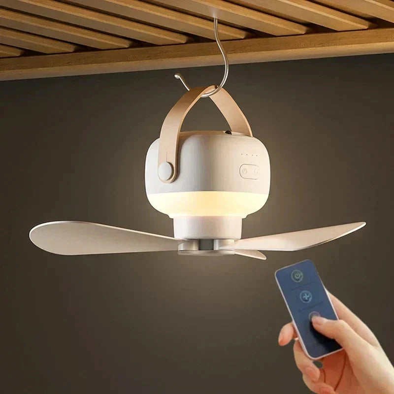 Ventilador de techo portátil con luz LED, ideal para camping, hogar u oficina. Silencioso y con batería de larga duración.
