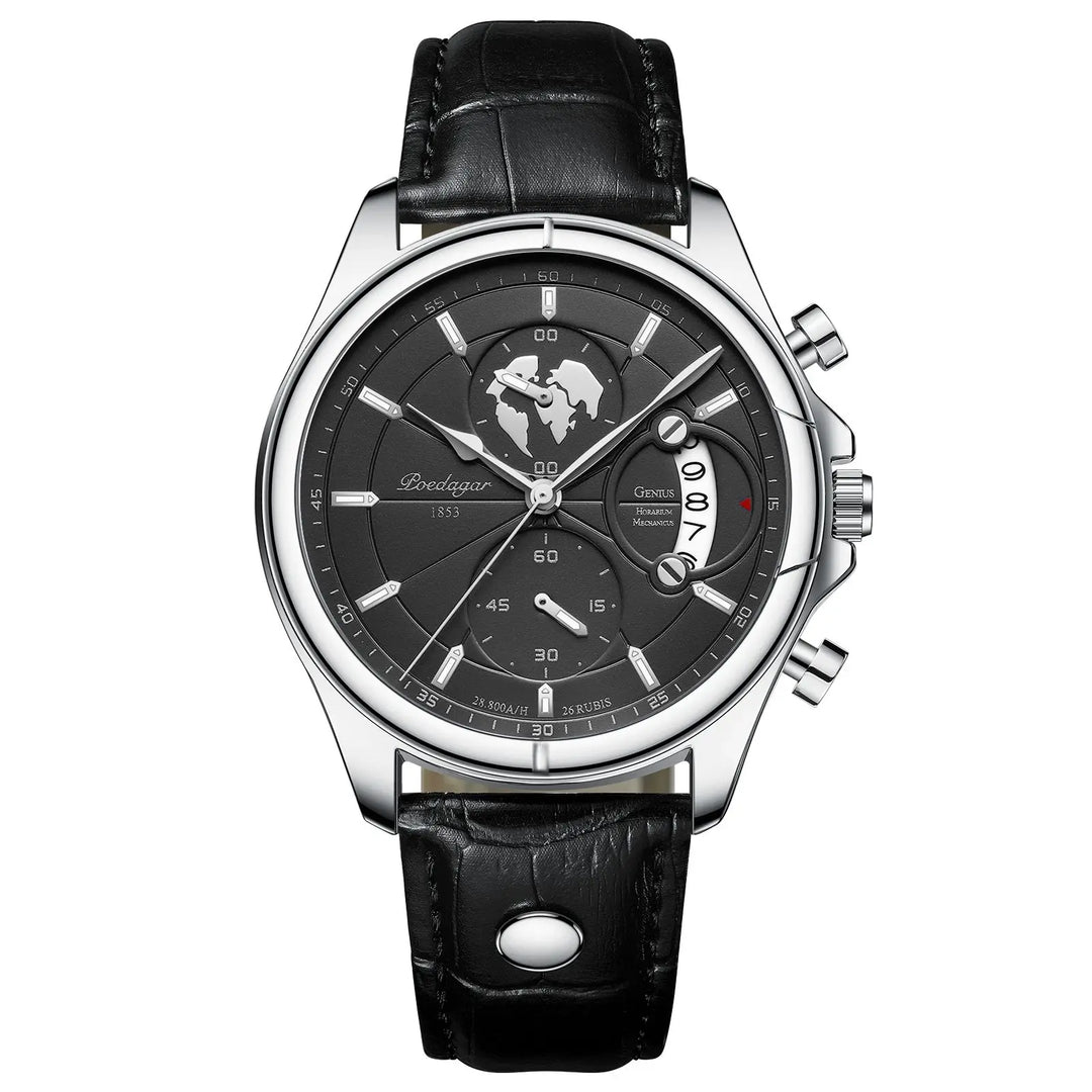 Primer plano de reloj cronógrafo analógico para hombre. Esfera detallada, correa de cuero, moda masculina.