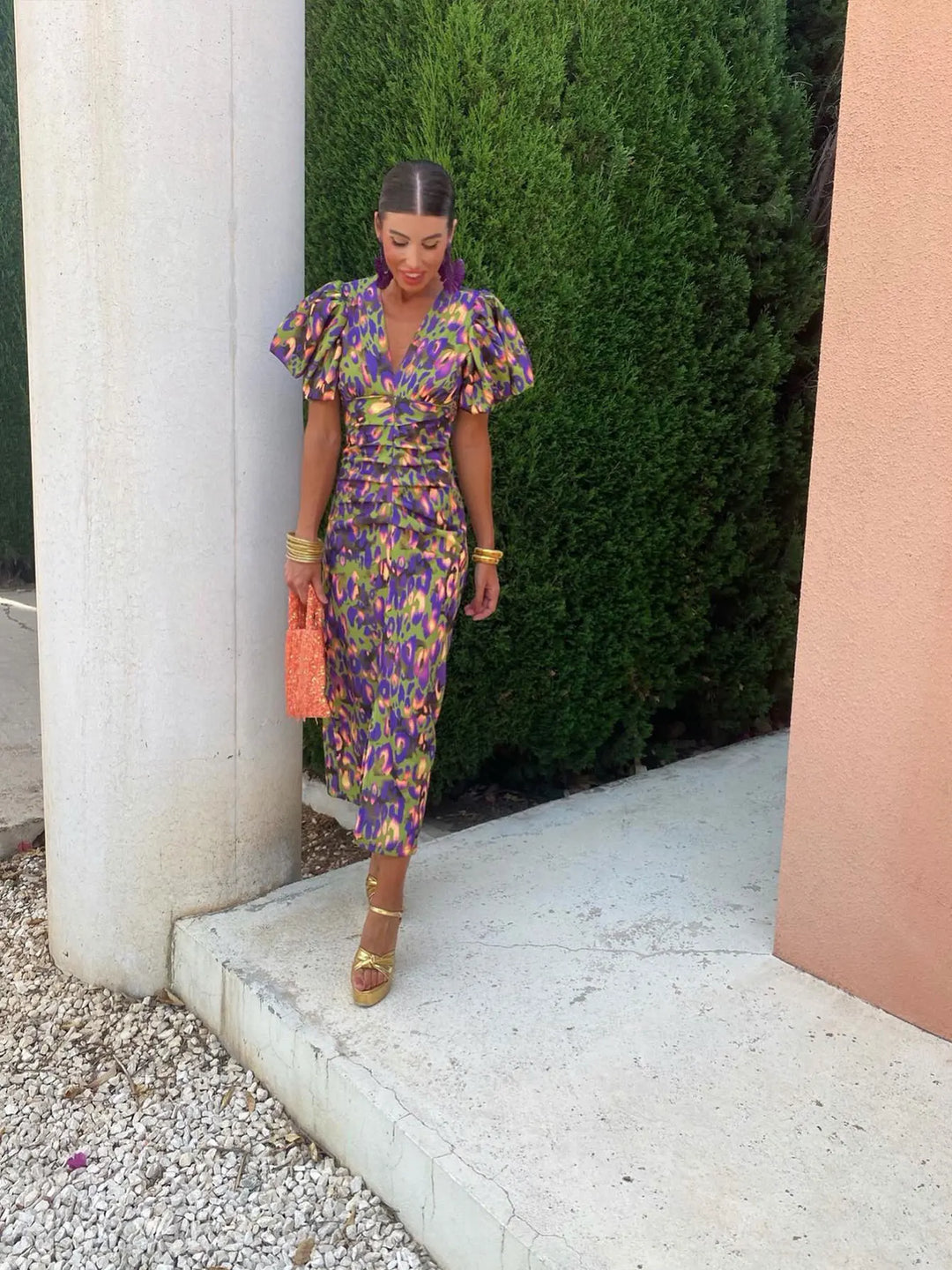 Vestido de fiesta casual de mujer, con escote V, mangas abullonadas y tejido ligero para primavera-verano.