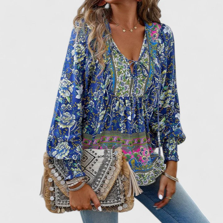 Blusa floral bohemia casual para mujer, de manga larga y diseño cómodo, perfecta para el verano.