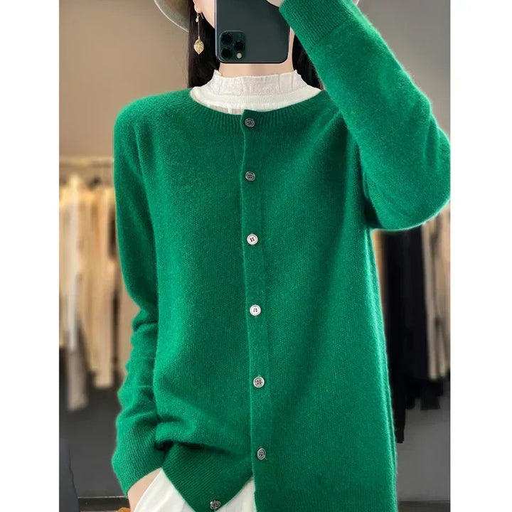 Cárdigan de punto suelto para mujer, cuello redondo, diseño casual para todas las estaciones.