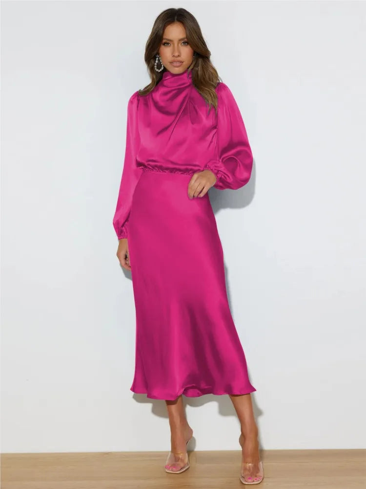 Vestido formal para mujer, longitud midi, cuello alto y mangas largas, de moda sofisticada.