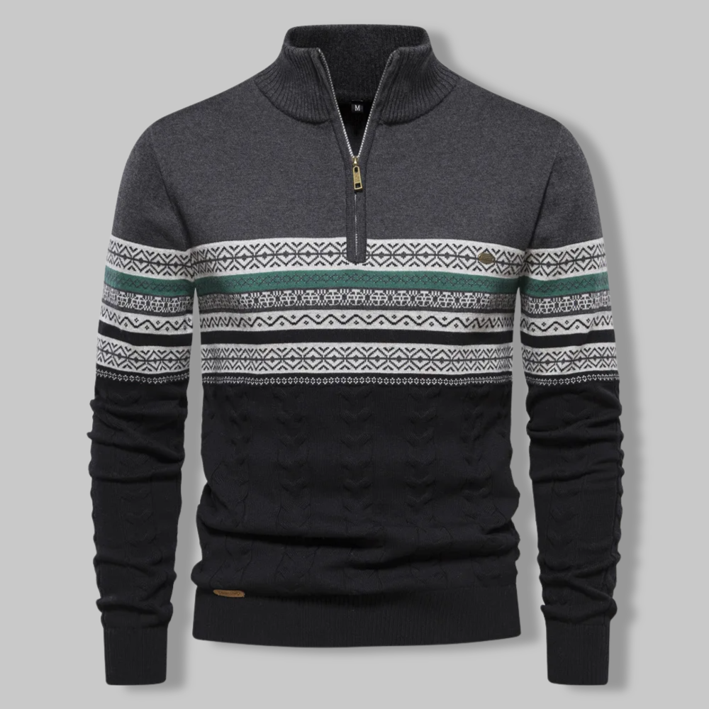 Cómodo suéter de hombre con patrón noruego y cremallera. Suéter de punto cálido, ideal para el invierno y estilo casual.