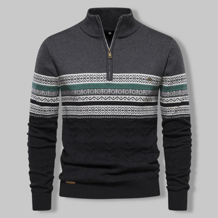 Cómodo suéter de hombre con patrón noruego y cremallera. Suéter de punto cálido, ideal para el invierno y estilo casual.