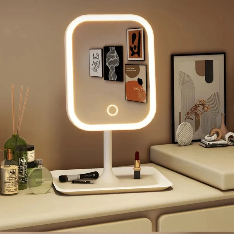 Espejo LED de maquillaje con 3 luces y control táctil, ideal para tocador o escritorio.