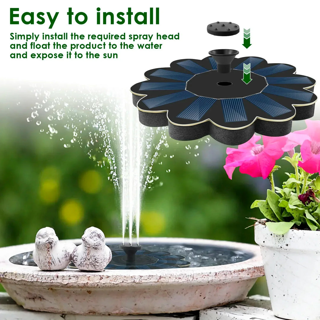 Fuente de agua solar flotante para jardín, eficiencia energética y fácil instalación, ideal para decoración ecológica.