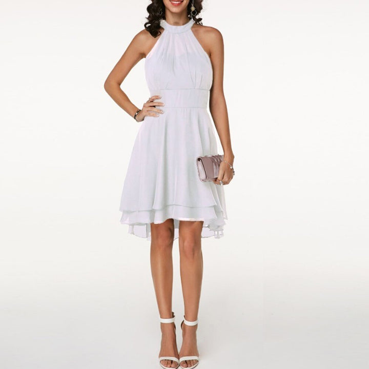 Vestido formal midi ajustado con cuello halter, elegancia veraniega para mujer, varios colores disponibles.