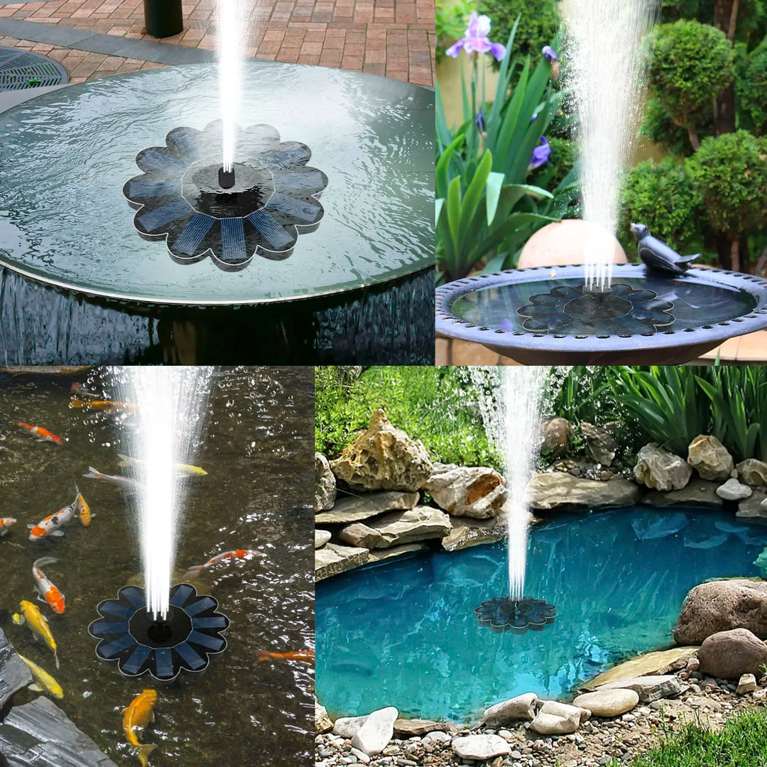 Fuente solar flotante para jardín, mostrando chorros de agua con 5 boquillas en un estanque.