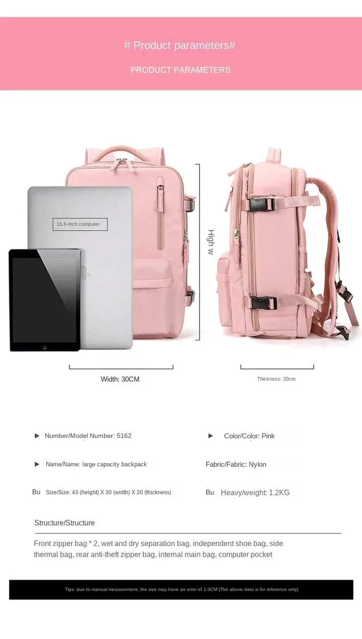 Mochila organizadora de viaje con compartimento exclusivo para zapatos y espacio para portátil.