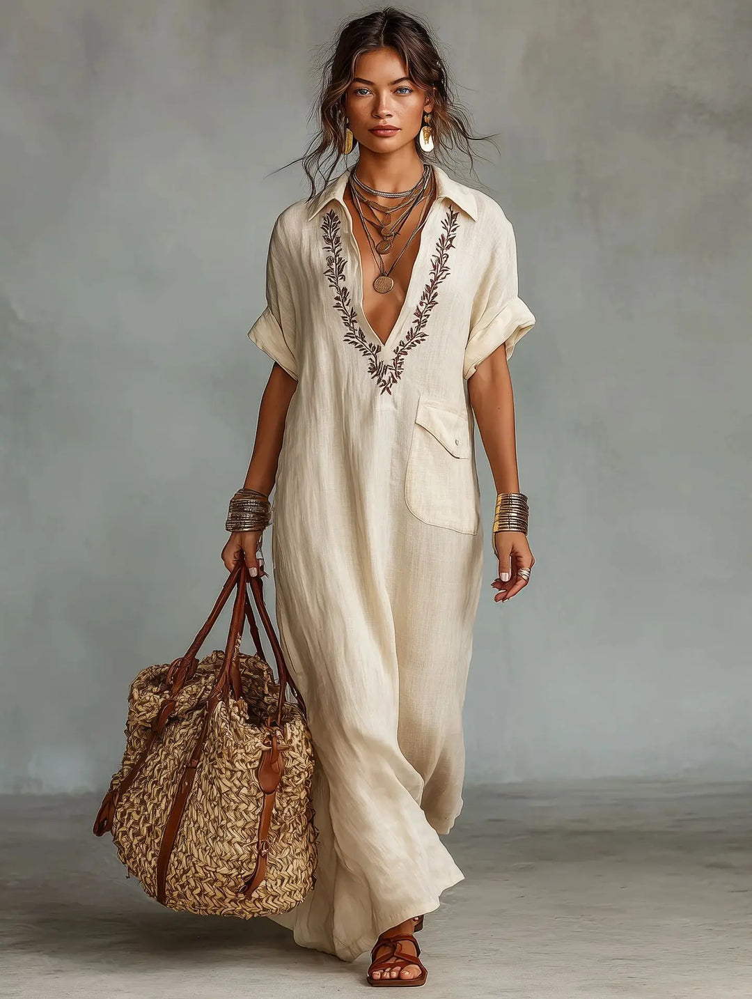 Kaftan vestido largo boho de mujer, efecto lino bordado, con bolsillos. Prenda casual elegante para el verano.